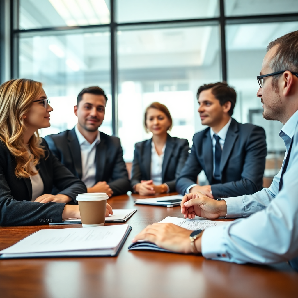 Business meeting with people listening attentively, notebook and coffee, professional consultation atmosphere
