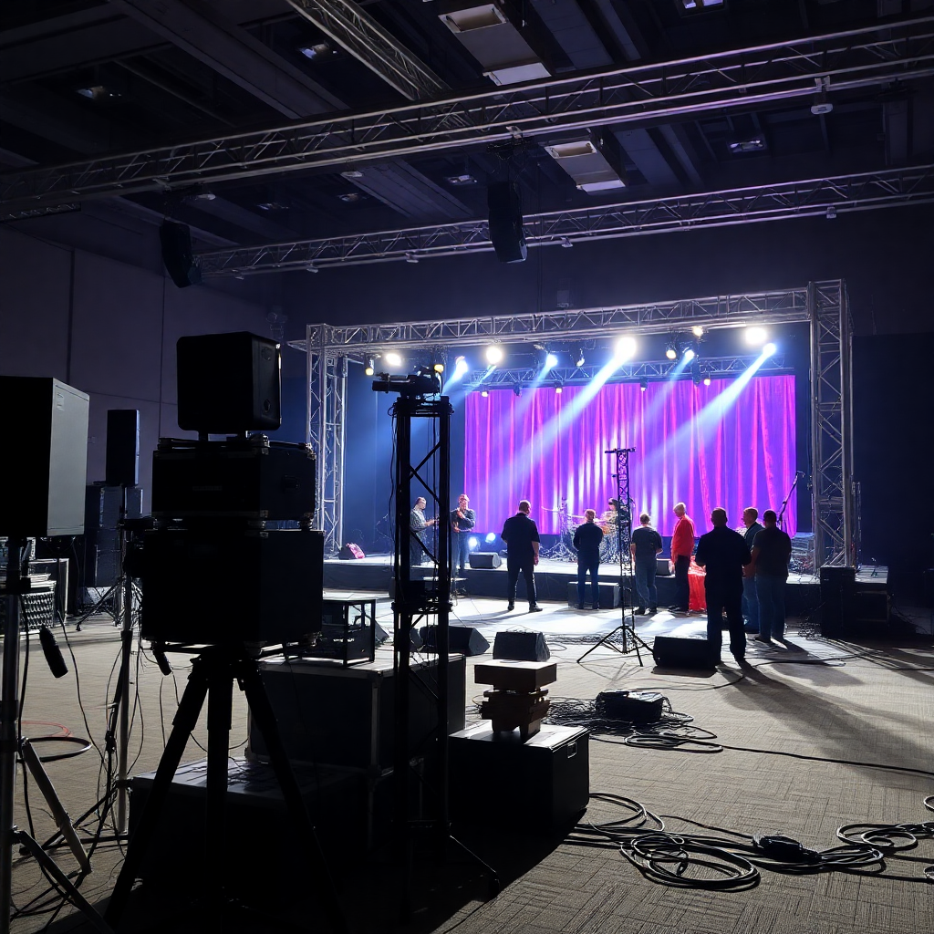 Event production setup, technical equipment, stage being built, behind the scenes professional crew working