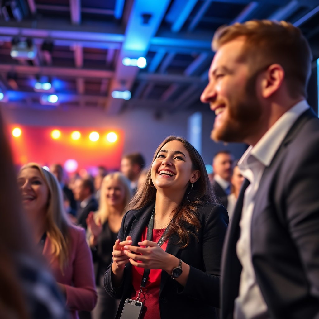 Live corporate event moment, people engaged and smiling, dynamic atmosphere, professional event in action