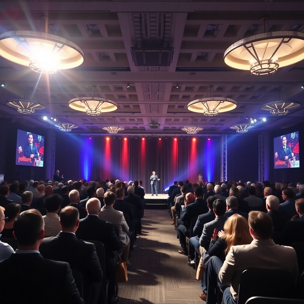 Evento corporativo con audiencia, iluminación profesional en el escenario, ambiente de presentación de negocios